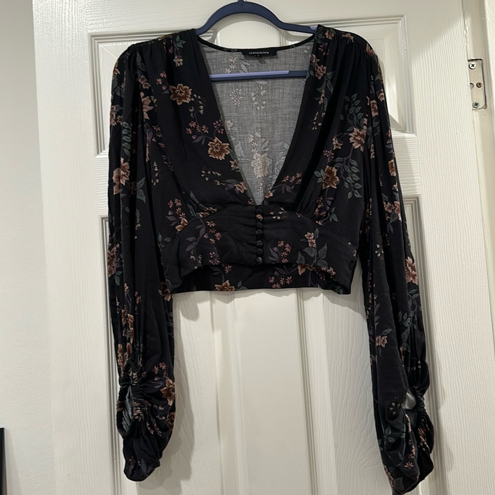 Balloon sleeve retro flare sleeve shirt v neck crop top flowers
